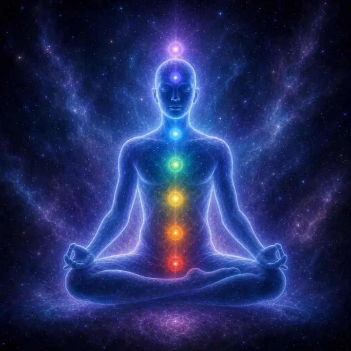 Meditasyon yapan bir beden ve yedi çakra